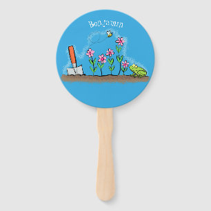 Cute frog and bee in garden cartoon illustration hand fan