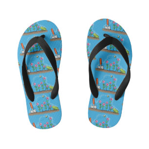 Cute frog and bee in garden cartoon illustration kid's jandals