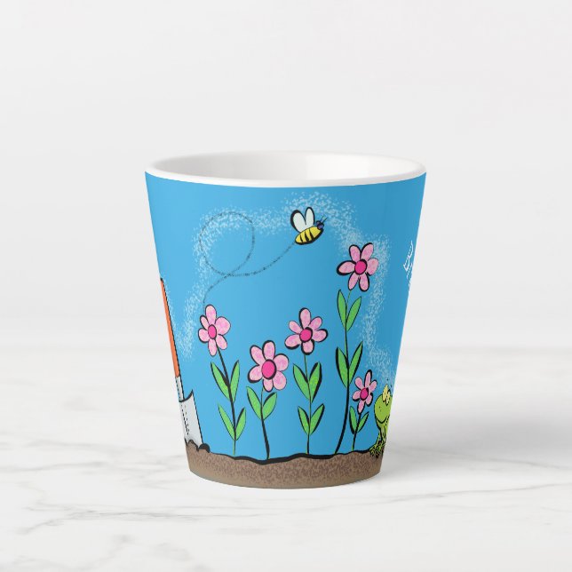 Cute frog and bee in garden cartoon illustration latte mug (Front)
