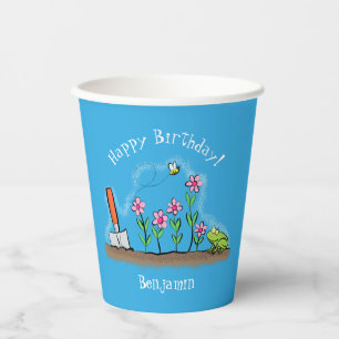 Cute frog and bee in garden cartoon illustration paper cups