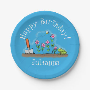 Cute frog and bee in garden cartoon illustration paper plate
