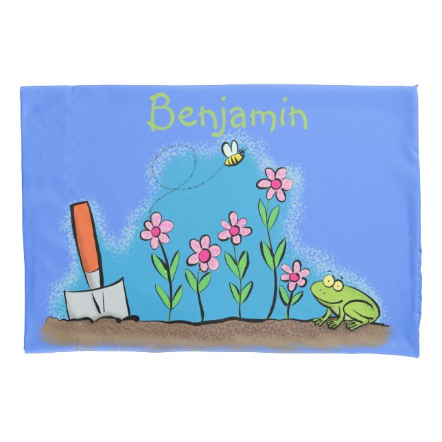 Cute frog and bee in garden cartoon illustration pillowcase (Front)