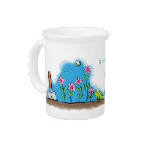 Cute frog and bee in garden cartoon illustration pitcher