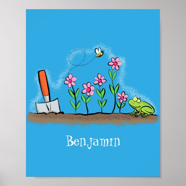 Cute frog and bee in garden cartoon illustration poster (Front)