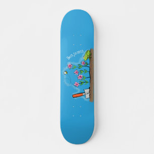 Cute frog and bee in garden cartoon illustration skateboard