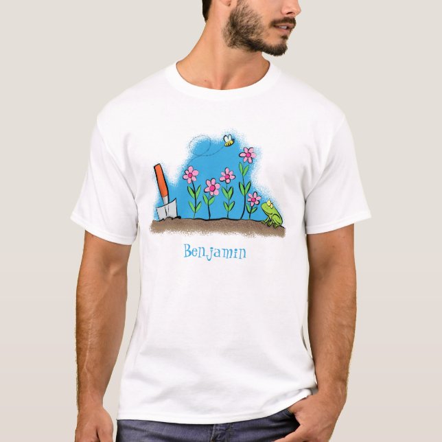 Cute frog and bee in garden cartoon illustration T-Shirt (Front)