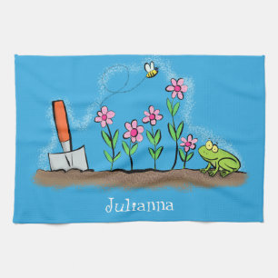 Cute frog and bee in garden cartoon illustration tea towel