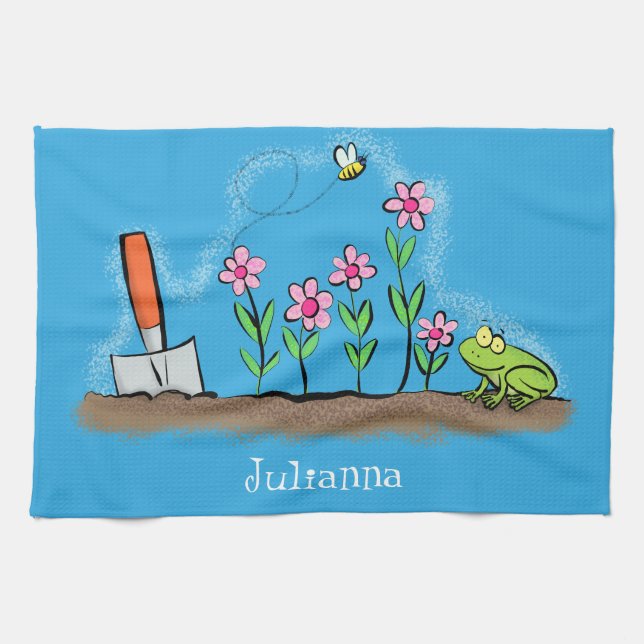 Cute frog and bee in garden cartoon illustration tea towel (Horizontal)