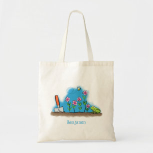 Cute frog and bee in garden cartoon illustration tote bag