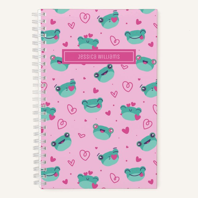 Cute Frog and Doodle Heart Pattern Girly Pink Notebook (Front)