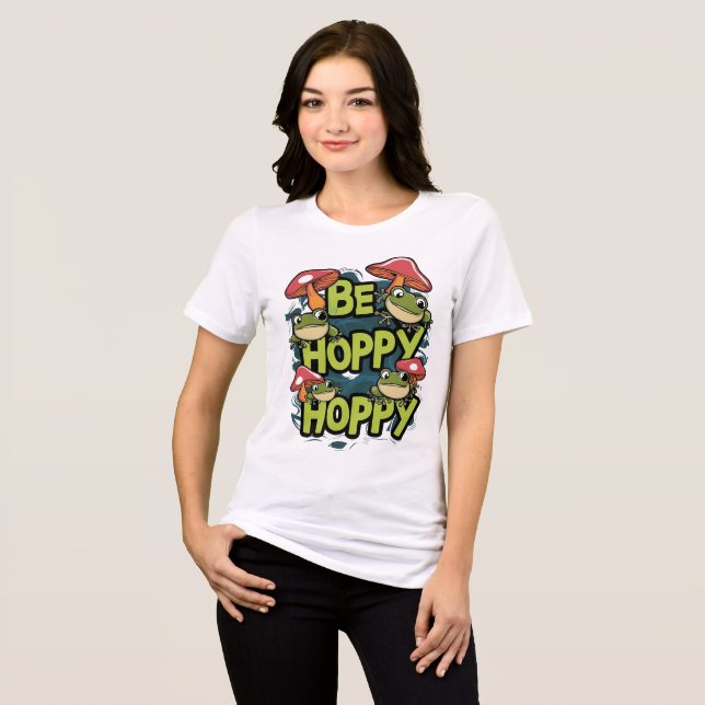 Cute Frog and Mushrooms Be Hoppy Cartoon Tri-Blend Shirt (Front Full)