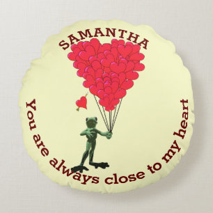 Cute frog and red romantic heart personalised round cushion