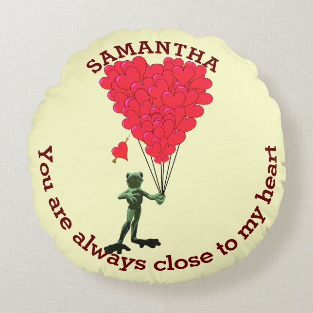Cute frog and red romantic heart personalised round cushion (Front)