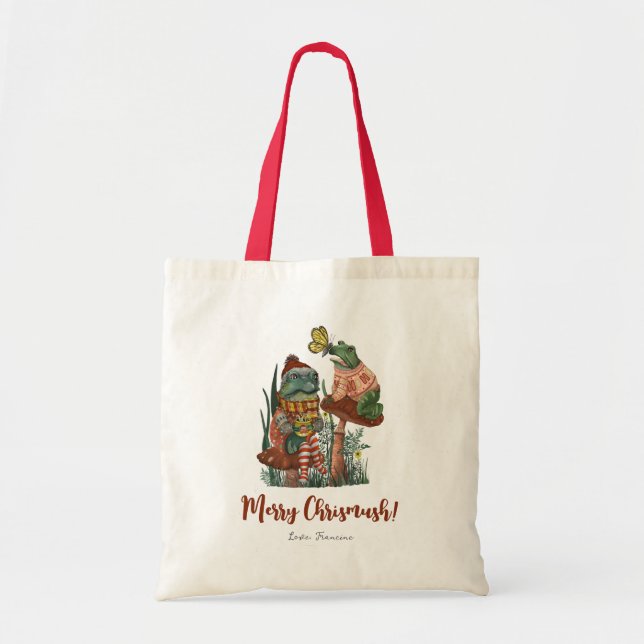Cute Frog and Toad Merry Mushroom Christmas  Tote  Bag (Front)