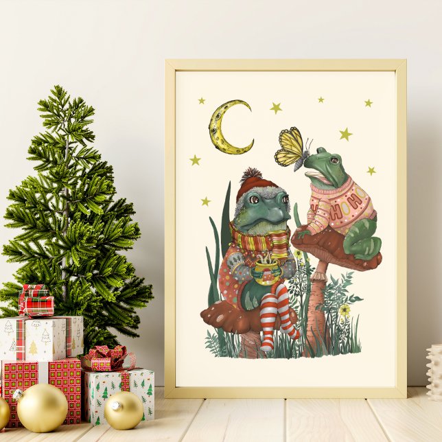 Cute Frog and Toad on Mushroom Christmas Wall Art (Best Friend Frogs Whimsical Christmas Wall Art)