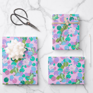 Cute frog art wrapping paper with pink background