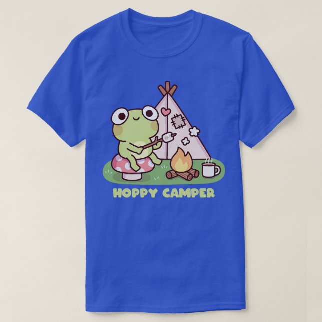 Cute Frog At Campfire Hoppy Camper Pun T-Shirt (Design Front)