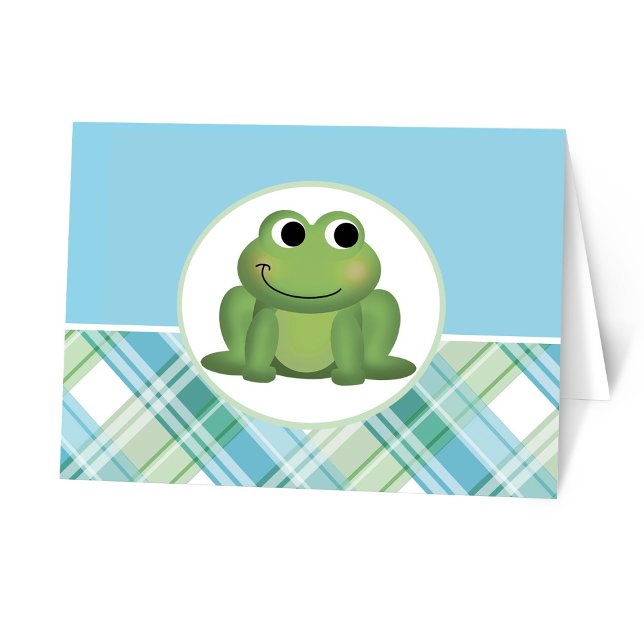 Cute Frog Blue Green Plaid Personalised Note Cards (Creator Uploaded)