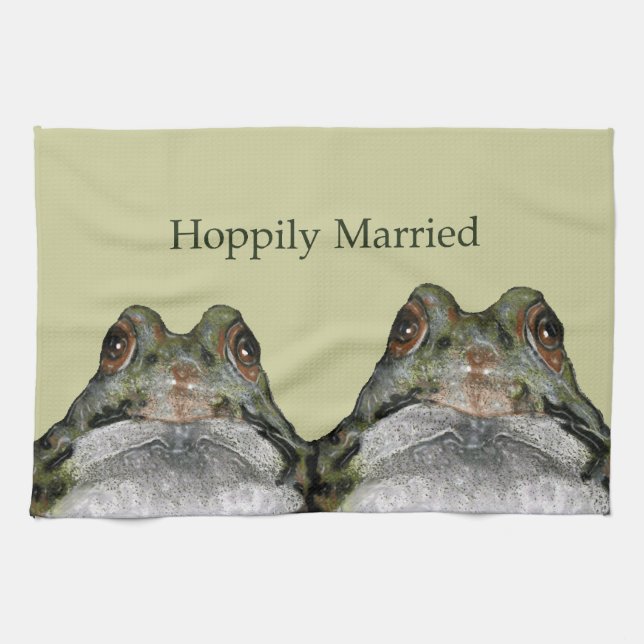 Cute Frog Couple: Hoppily Married: Wedding Tea Towel (Horizontal)