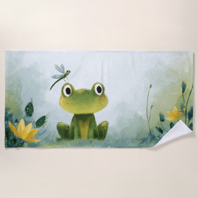 Cute Frog & Dragonfly – Soft Nature Illustration Beach Towel (Front)