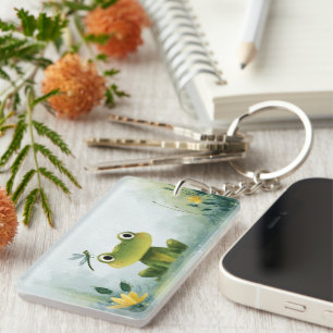 Cute Frog & Dragonfly – Soft Nature Illustration Key Ring