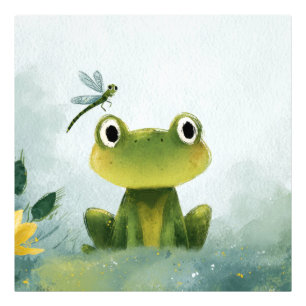 Cute Frog & Dragonfly – Soft Nature Illustration Photo Print