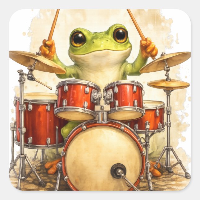 Cute Frog Drummer Sticker – Funny Music Art (Front)