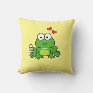 Cute Frog Flower and Hearts Yellow Throw Pillow