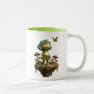 Cute Frog Girl Among Mushrooms with Butterfly Two-Tone Coffee Mug