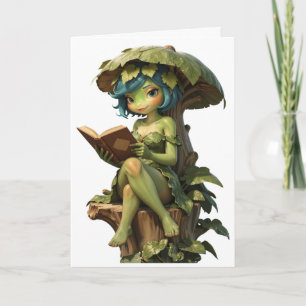 Cute Frog Girl Reading Book Under Leaf Card