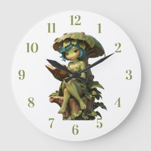 Cute Frog Girl Reading Book Under Leaf Large Clock