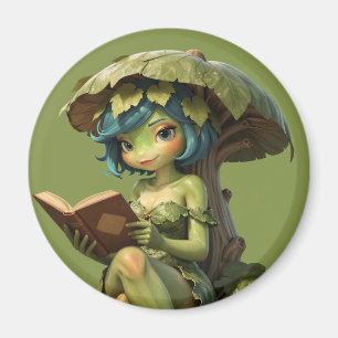 Cute Frog Girl Reading Book Under Leaf Magnet