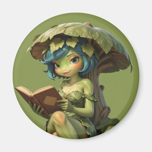 Cute Frog Girl Reading Book Under Leaf Magnet (Front)