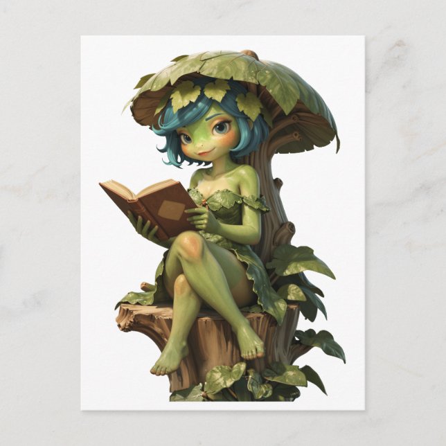 Cute Frog Girl Reading Book Under Leaf Postcard (Front)