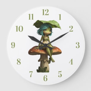 Cute Frog Girl Sitting on Mushroom Large Clock