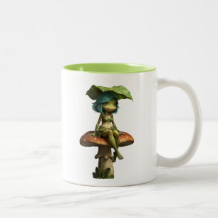 Cute Frog Girl Sitting on Mushroom Two-Tone Coffee Mug
