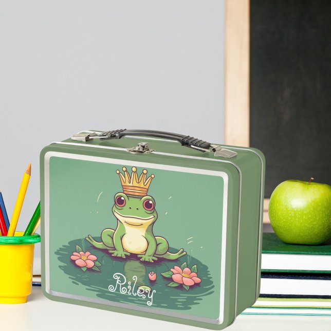 cute frog green custom name metal lunch box (Creator Uploaded)