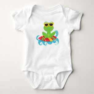 Cute Frog, Green Frog, Little Frog, Surfing Board Baby Bodysuit