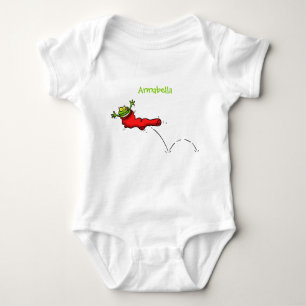 Cute frog in a red sock jumping cartoon baby bodysuit