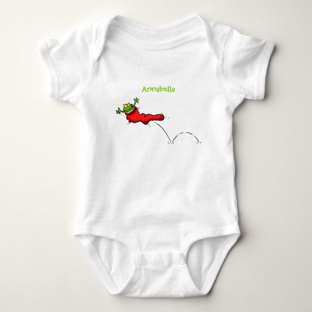 Cute frog in a red sock jumping cartoon baby bodysuit (Front)