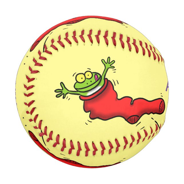 Cute frog in a red sock jumping cartoon baseball (Front Left)