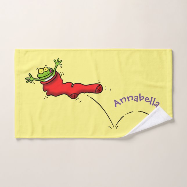Cute frog in a red sock jumping cartoon bath towel set (Hand Towel)