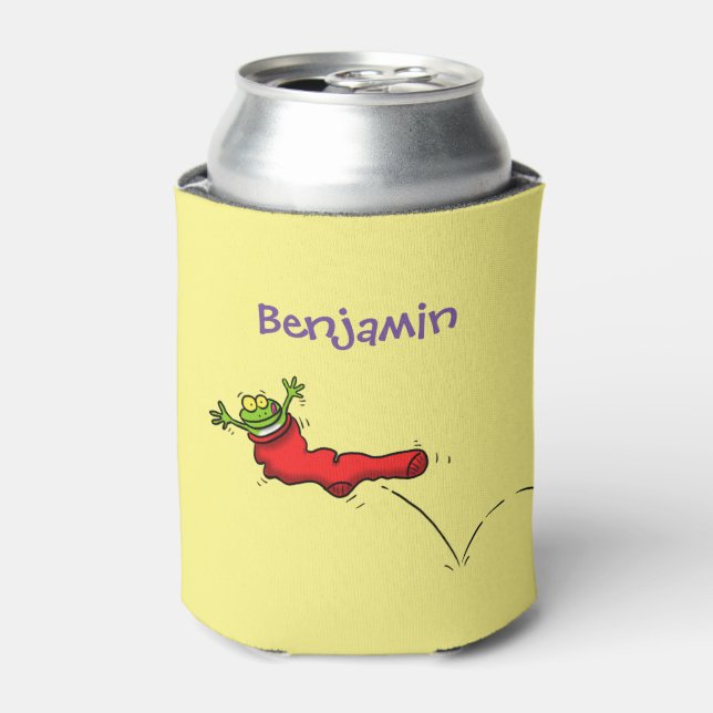 Cute frog in a red sock jumping cartoon can cooler (Can Front)