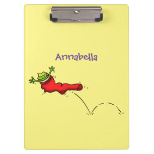 Cute frog in a red sock jumping cartoon clipboard