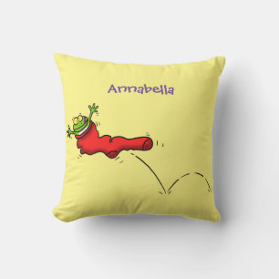 Cute frog in a red sock jumping cartoon cushion