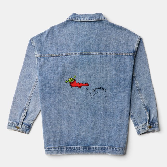 Cute frog in a red sock jumping cartoon denim jacket (Back)