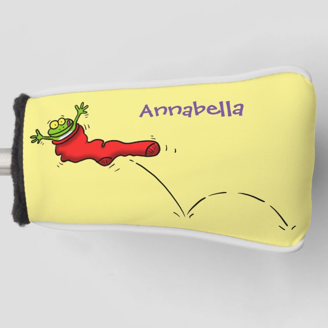 Cute frog in a red sock jumping cartoon golf head cover (Front)