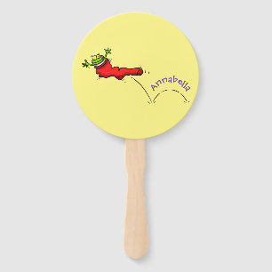Cute frog in a red sock jumping cartoon hand fan
