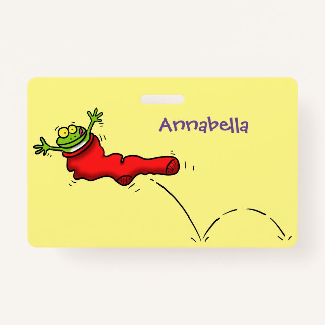 Cute frog in a red sock jumping cartoon ID badge (Front)