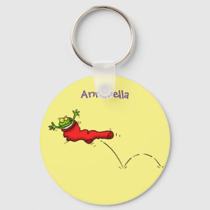 Cute frog in a red sock jumping cartoon key ring